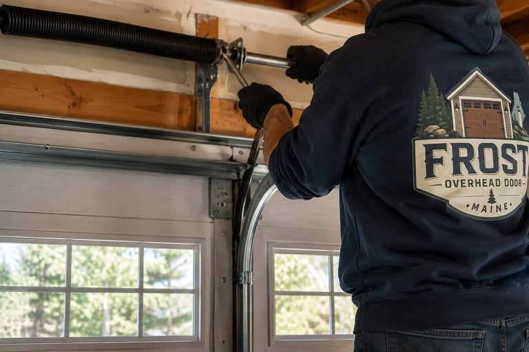 Technician wearing Frost hoodie servicing a garage door, adjusting springs and hardware above the paneled door with windows