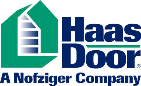 Haas Door logo featuring a green house outline with a door icon and navy text reading Haas Door, A Nofziger Company