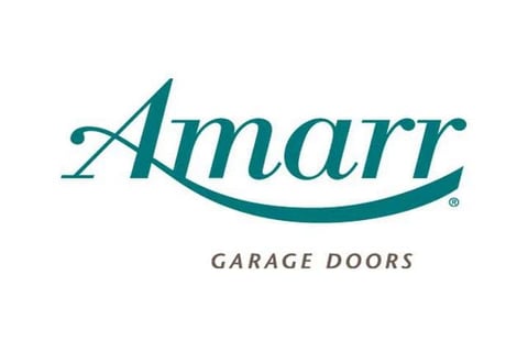 Amarr Garage Doors logo featuring teal cursive text with a decorative swoosh and registered trademark symbol