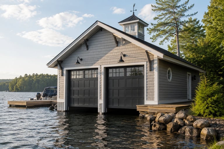 Waterfront boathouse with two dark garage doors, cupola, and bell tower situated in calm lake water surrounded by evergreen trees